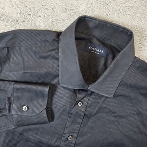 Canali Dress Shirt Men 17 43 Black Micro Stripe Cotton Long Sleeve Made in Italy